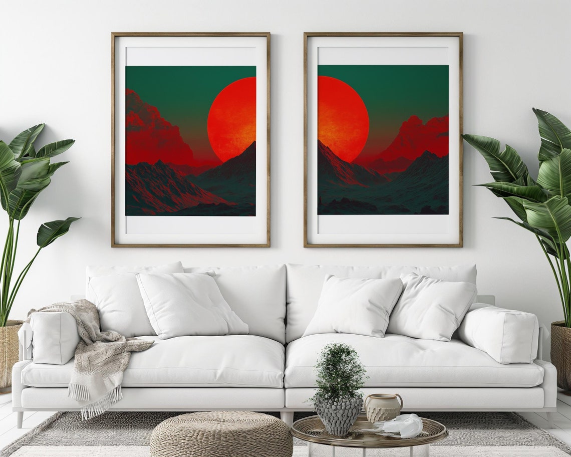 Fiery Red Sun Over Dark Mountain Peaks Twin Panel Art Poster
