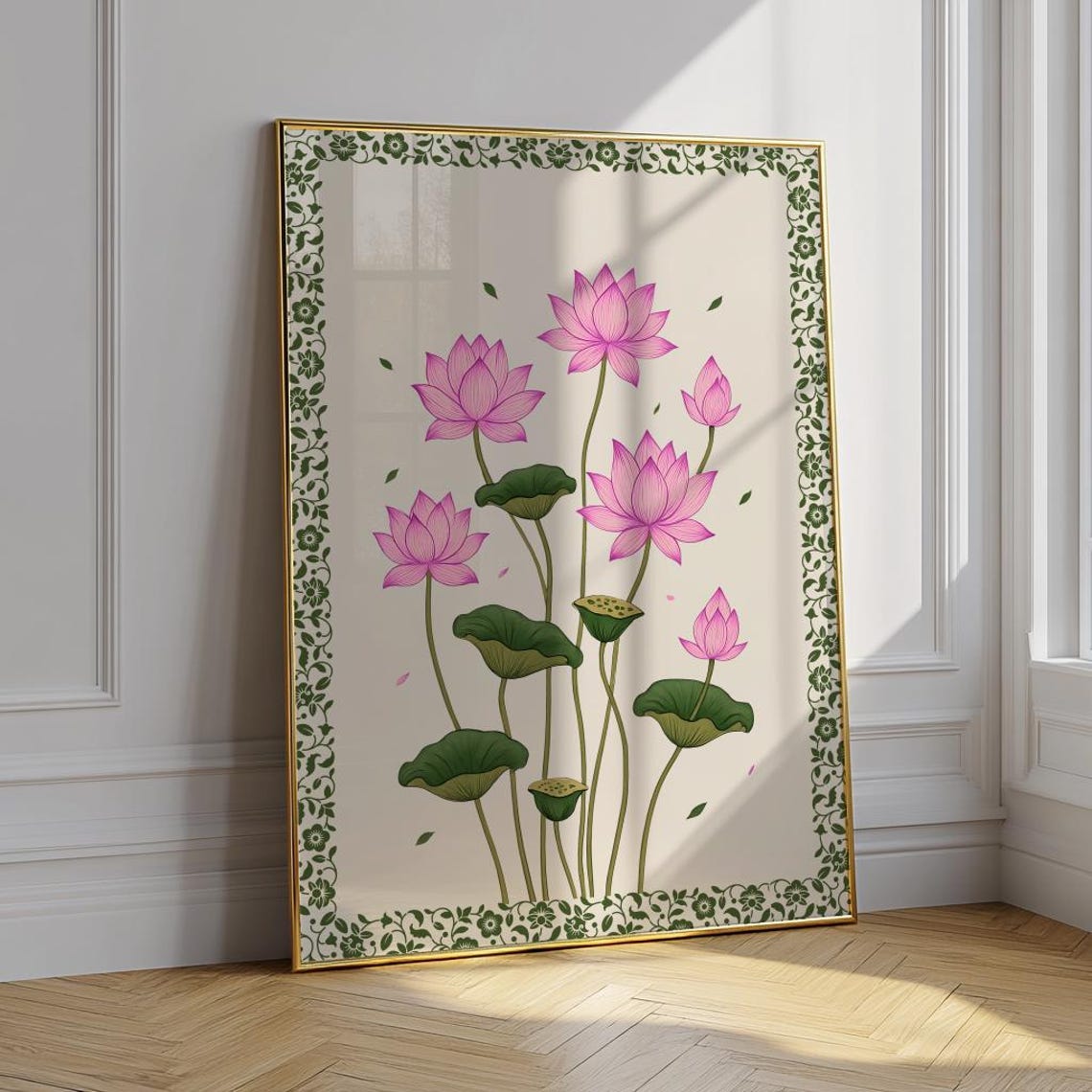 Pink Lotus Blossom Vintage Botanical Flower Border Art Poster - Image 3