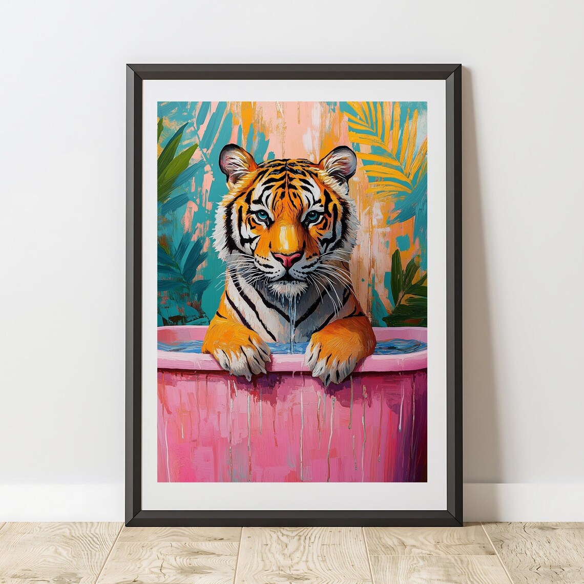Tiger In Pink Bathtub Tropical Whimsical Preppy Funny Wall Art Poster