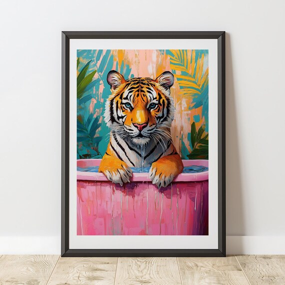 Tiger In Pink Bathtub Tropical Whimsical Preppy Funny Wall Art Poster