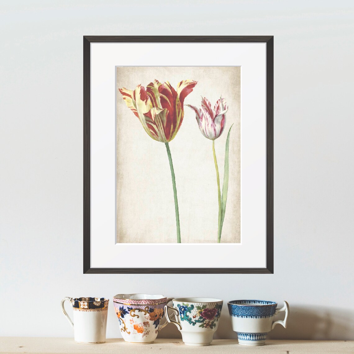 Vintage Red Yellow Striped Tulips Botanical Illustration Art Poster - Image 2