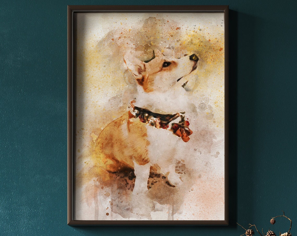 Custom Watercolor Corgi Dog Portrait Framed Painting Pet Art Poster