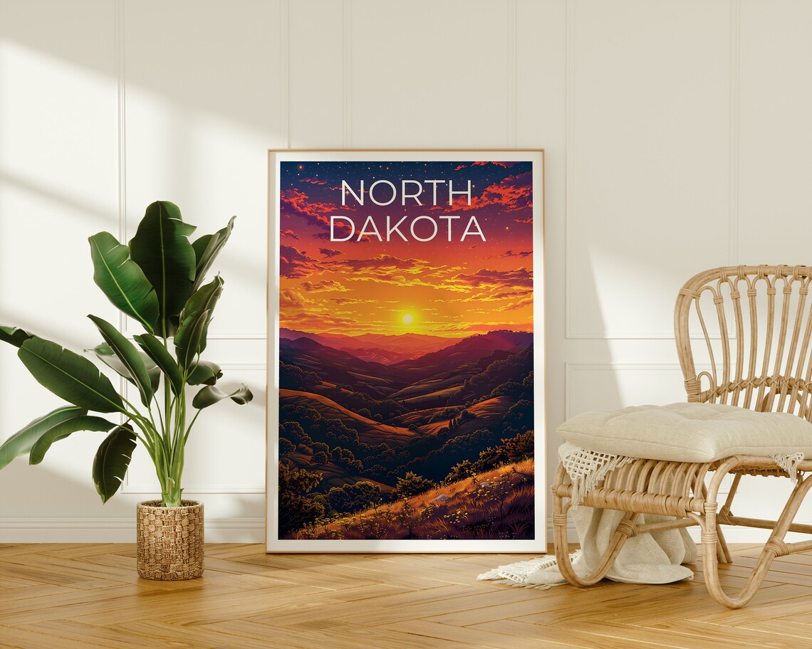 North Dakota Rolling Hills Sunset Prairie Golden Sky Travel Poster - Image 2