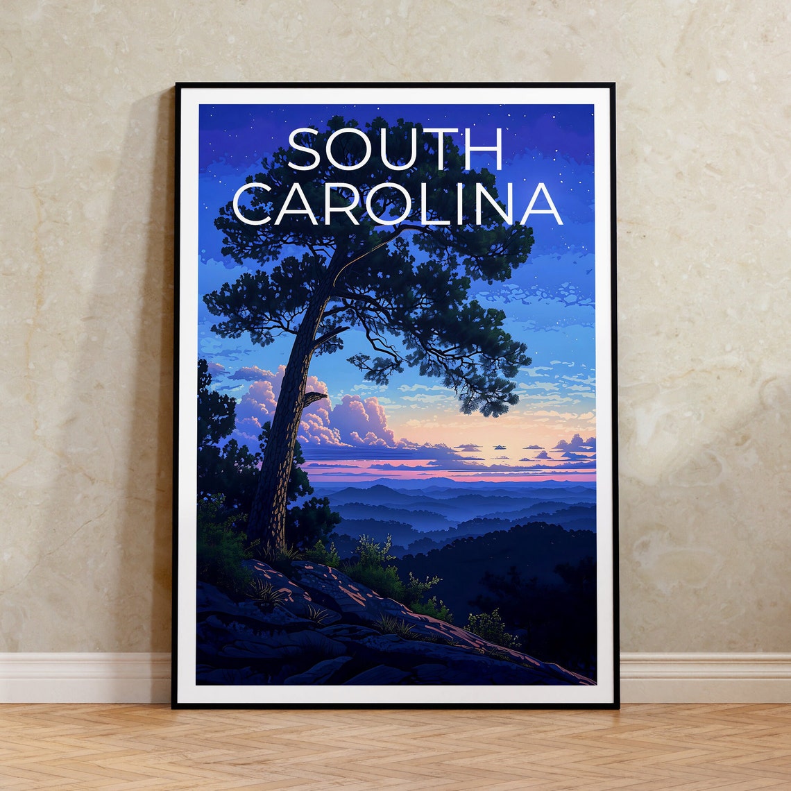 South Carolina Blue Ridge Dusk Lone Pine Starry Mountain View Poster