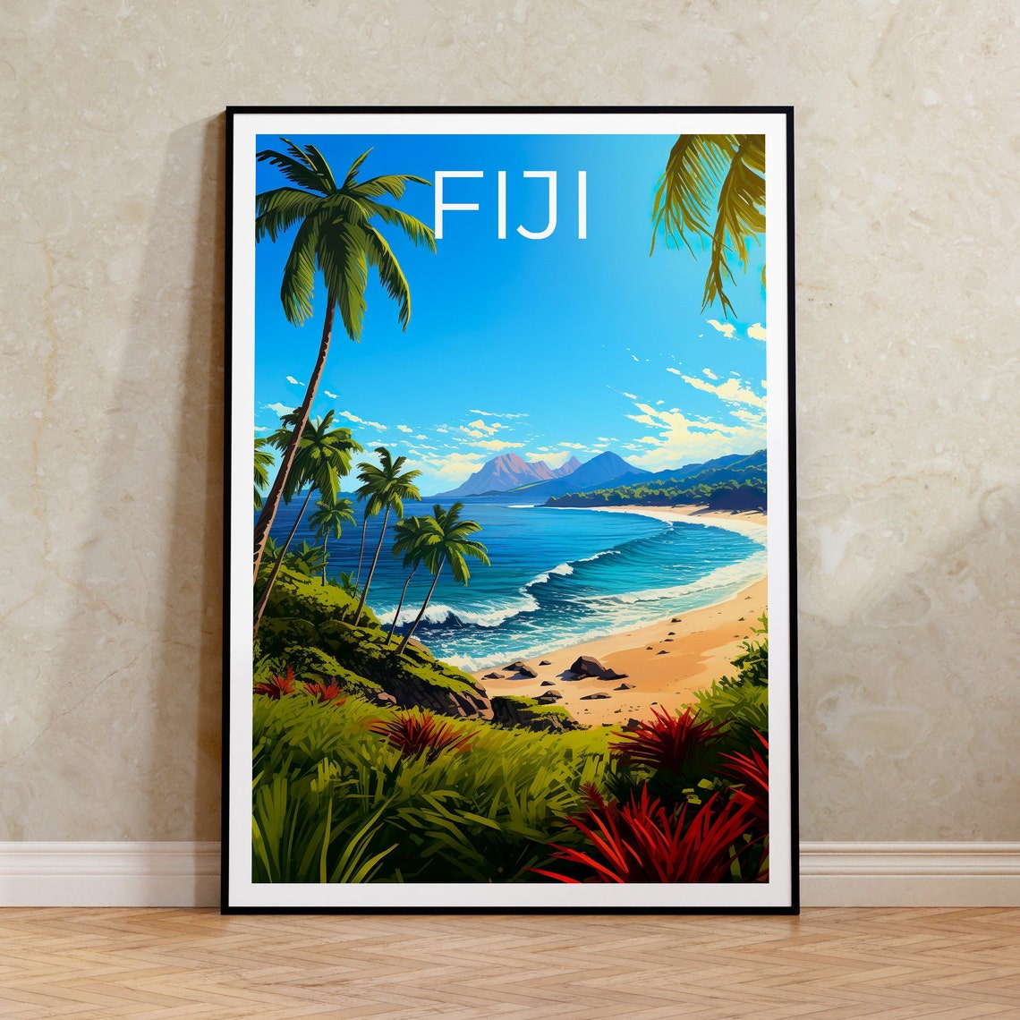 Fiji Beach Bay Palm Trees Turquoise Water Mountain View Poster