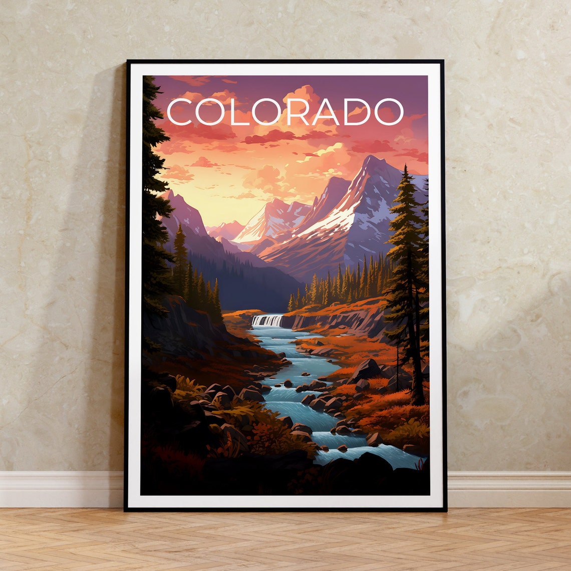 Colorado Rocky Mountains Waterfall Stream Sunset Alpine Travel Poster
