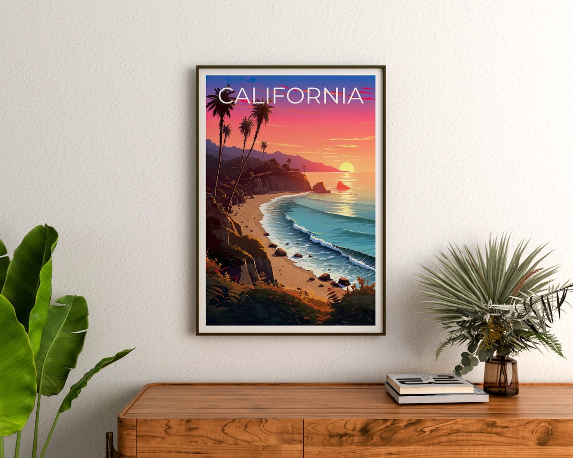 California Coast Beach Sunset Palms Cliffs Turquoise Waves Art Poster - Image 3