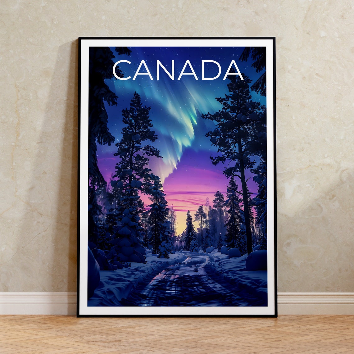 Canada Aurora Borealis Northern Lights Snowy Forest Night Poster