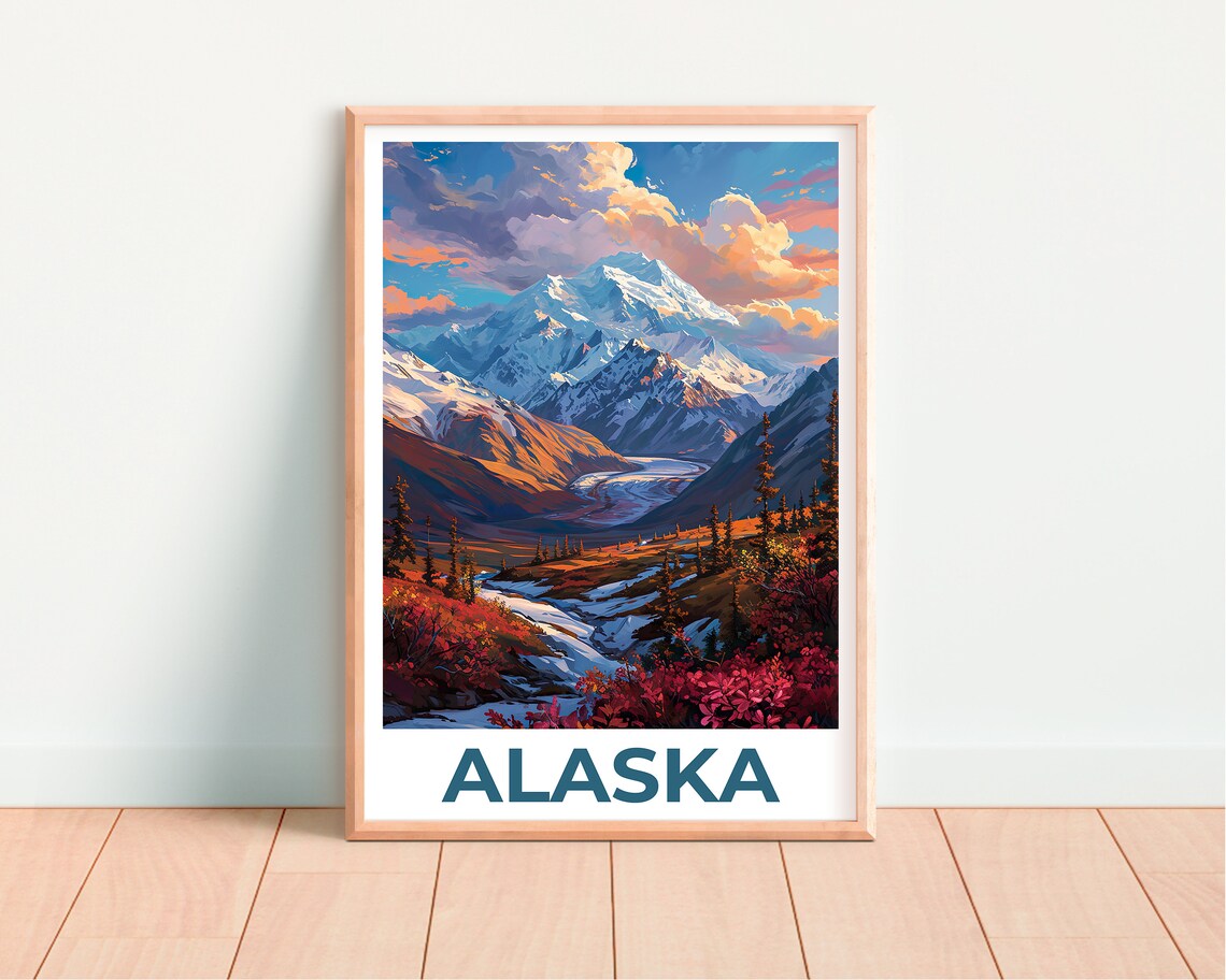 Alaska Snowy Mountain Glacier Valley Autumn Colors Travel Poster - Image 4