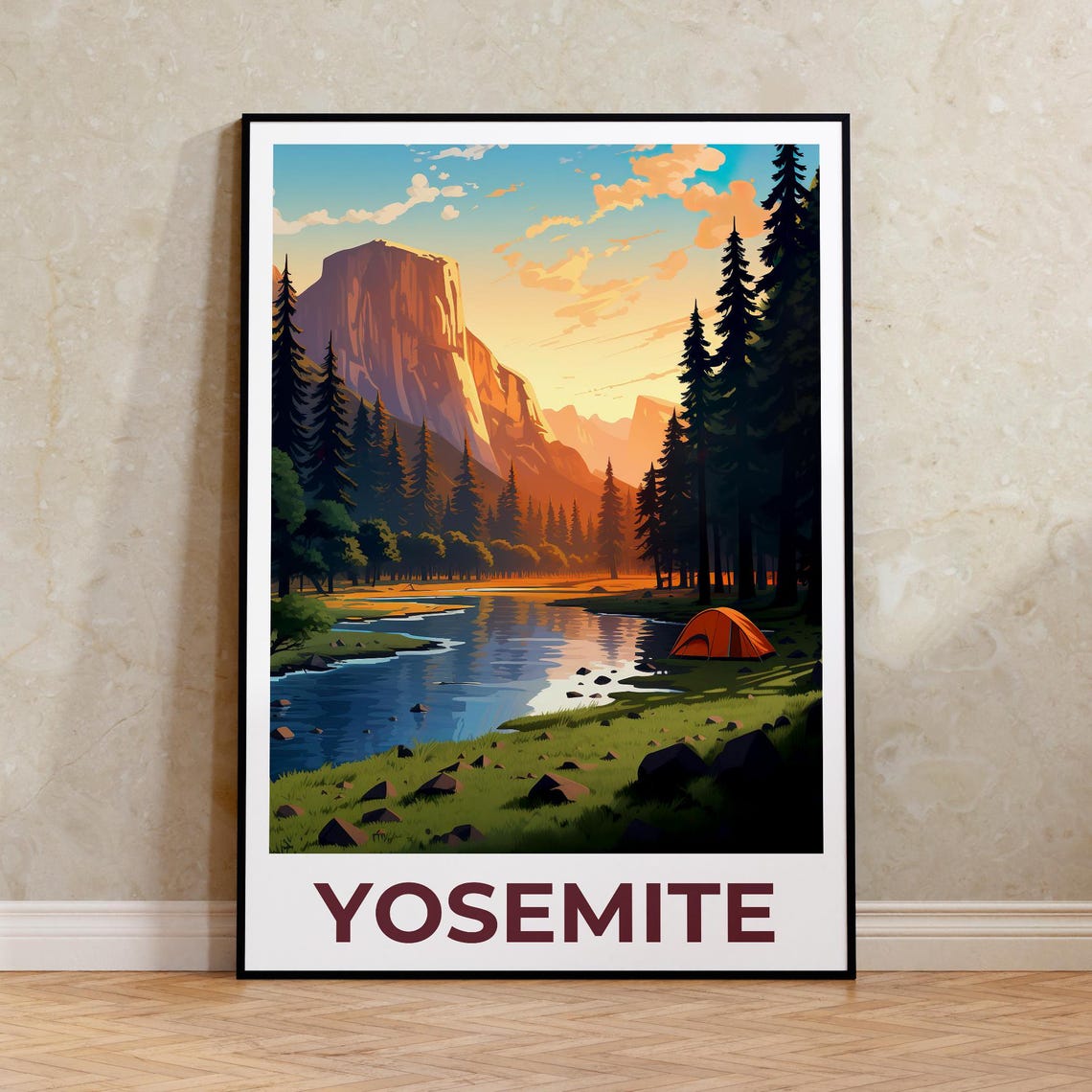 Yosemite Granite Cliffs River Campground at Golden Hour Travel Poster