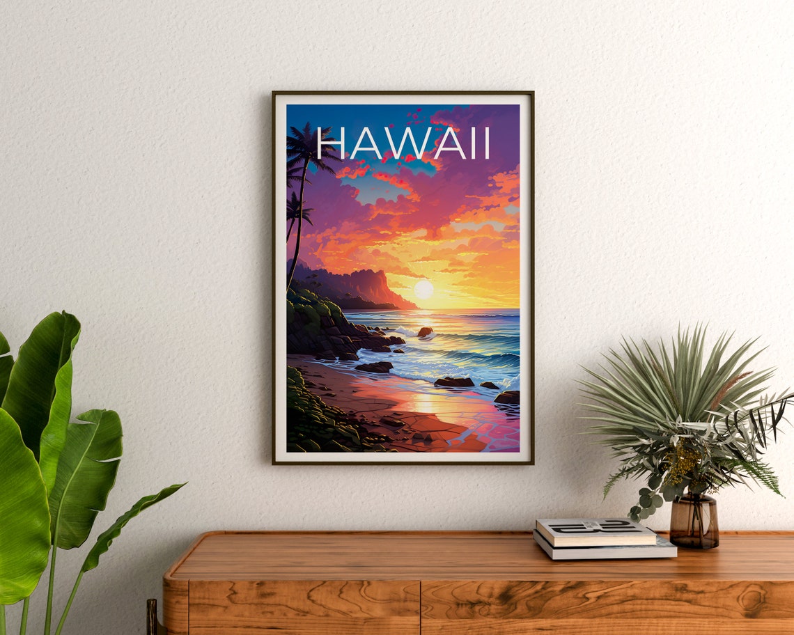 Hawaii Tropical Beach Sunset Palm Trees Rocky Headland Travel Poster - Image 3