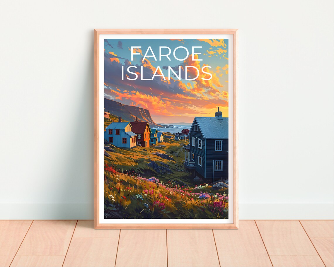 Faroe Islands Coastal Village Colorful Houses Sunset Sky Travel Poster - Image 4