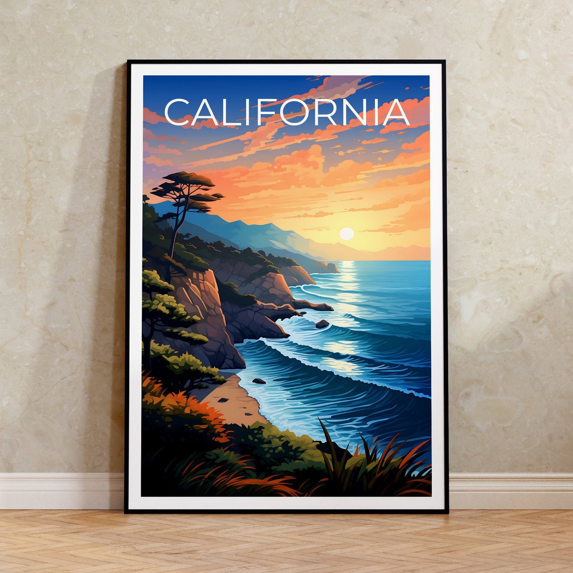 California Coast Sunset Cliffs Ocean Waves Golden Hour Poster