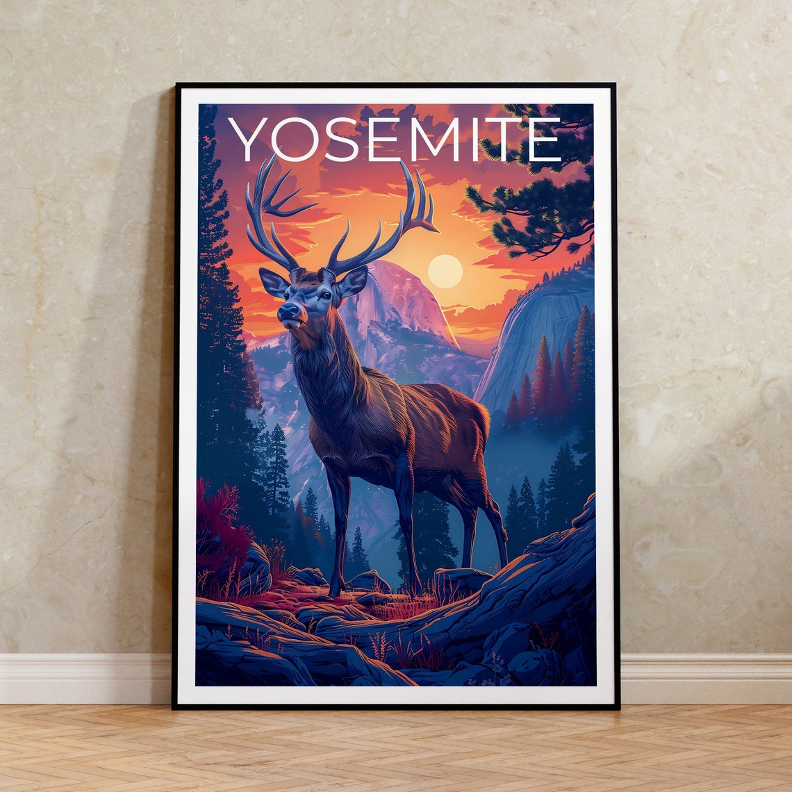 Yosemite National Park Elk at Sunset Half Dome Granite Poster