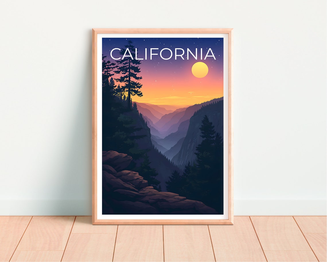 California Mountain Valley Sunset Pine Ridge Moonlit Sky Travel Poster - Image 4