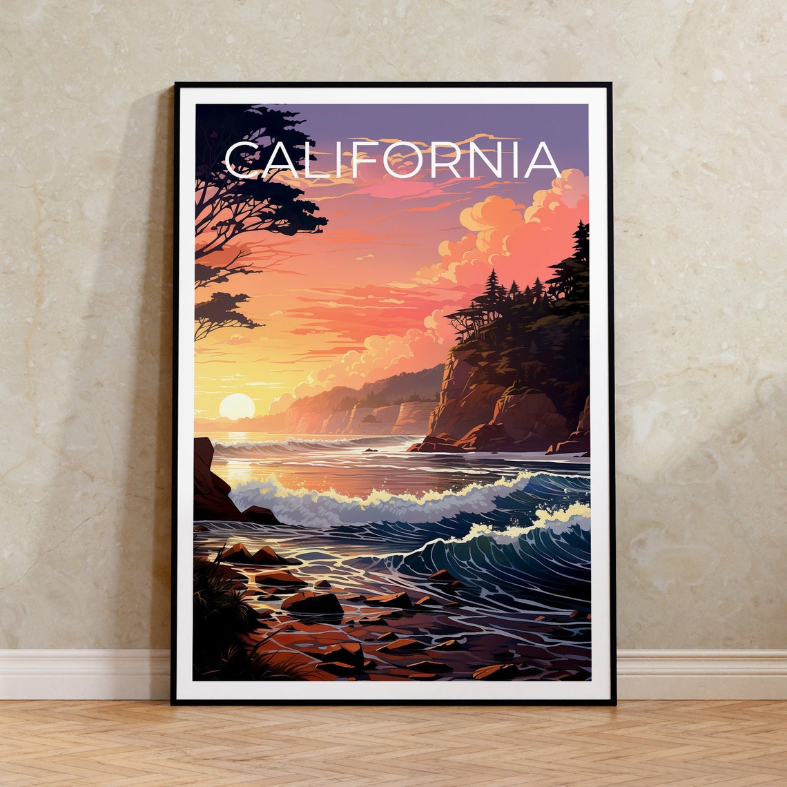 California Rocky Coast Sunset Waves Cypress Cliffs Ocean View Poster