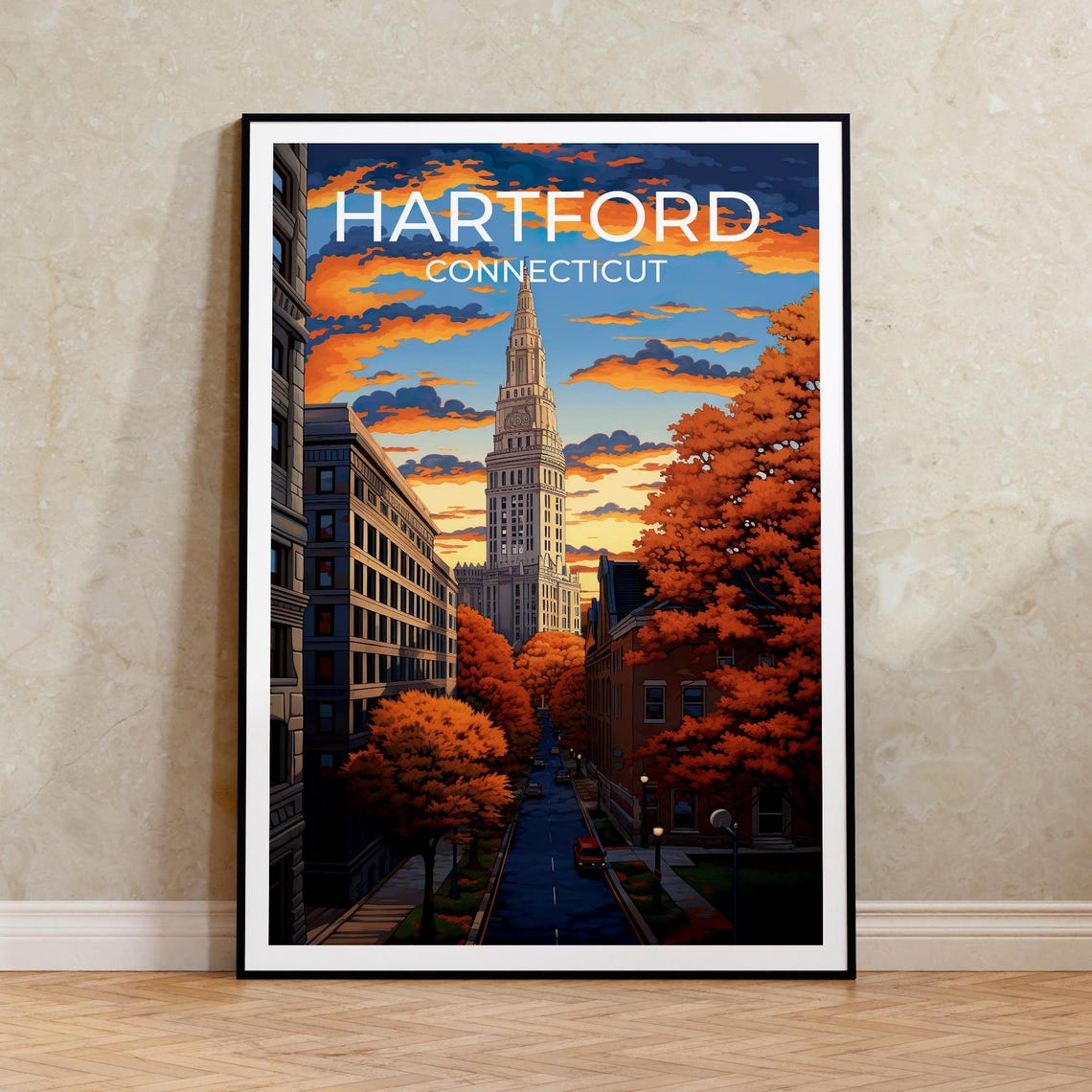 Hartford Connecticut Clock Tower Autumn Street Sunset View Poster