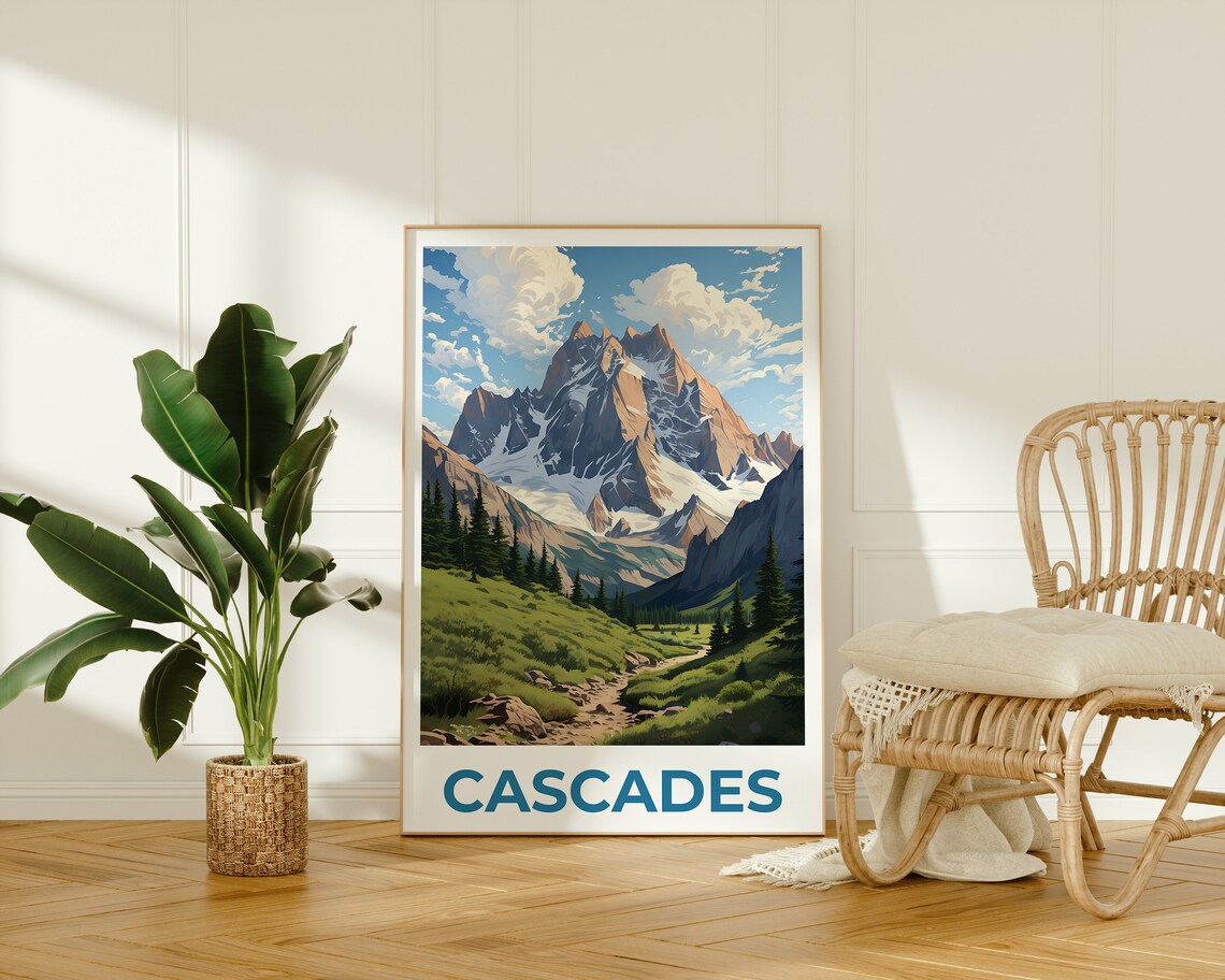 Cascades Snowy Peak Alpine Meadow Hiking Trail Summer Poster - Image 2