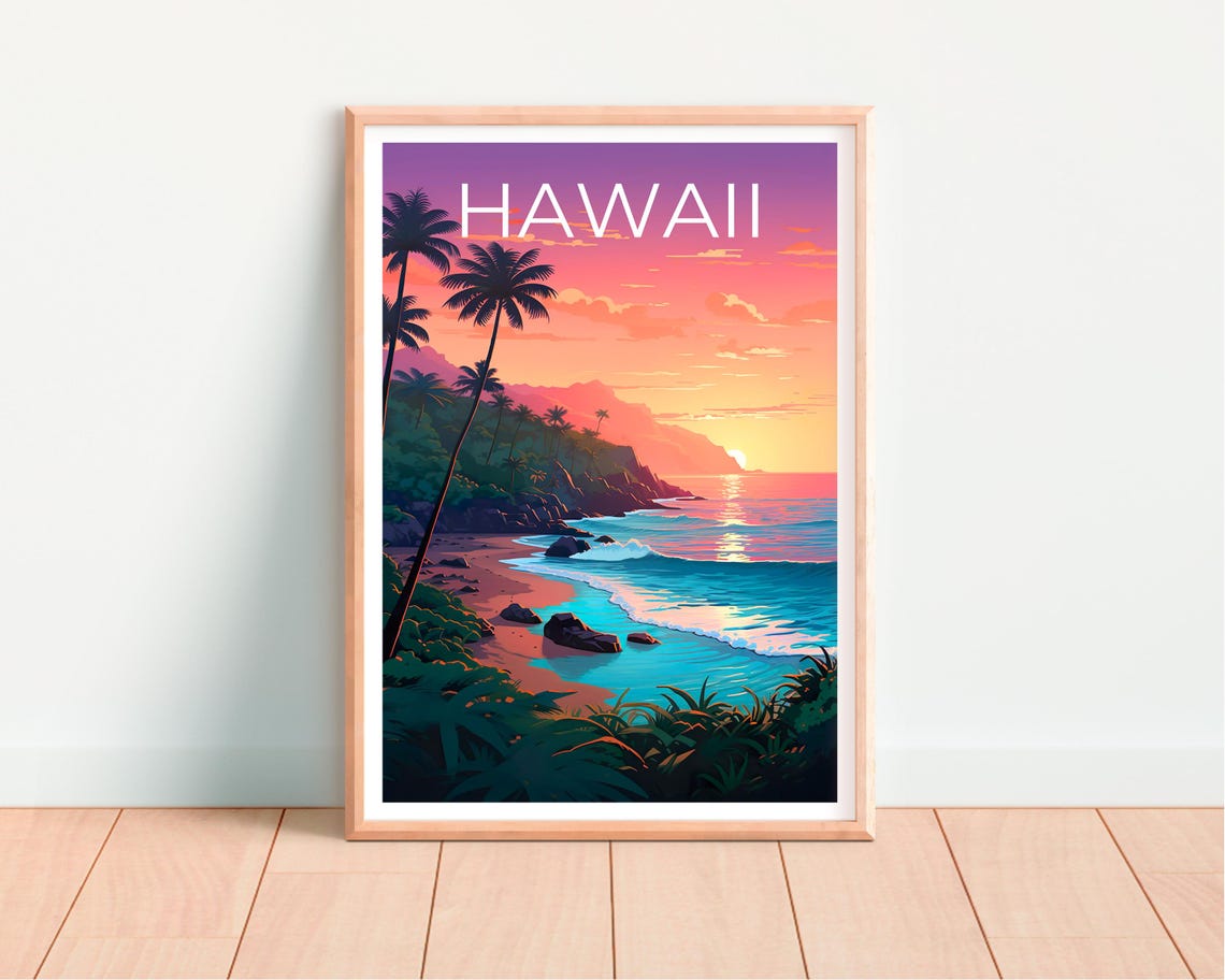 Hawaii Sunset Beach Palm Trees Red Cliffs Ocean Travel Poster - Image 2