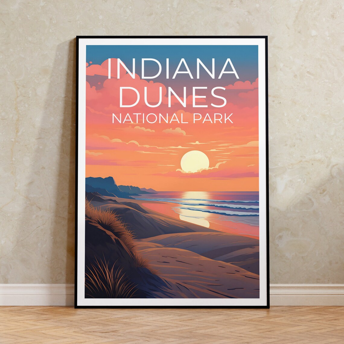 Indiana Dunes National Park Sand Dunes Sunset Shoreline Travel Poster