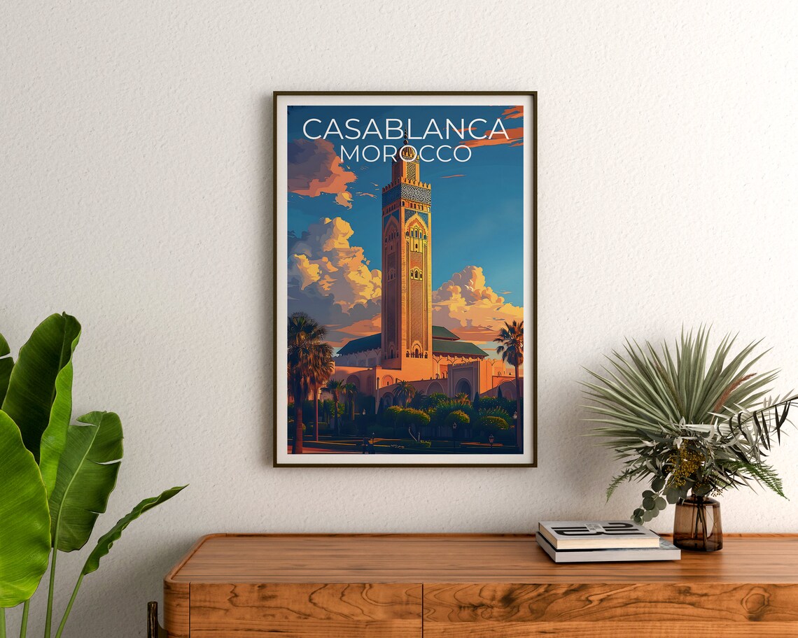Casablanca Morocco Hassan II Mosque Minaret Sunset Sky Travel Poster - Image 3
