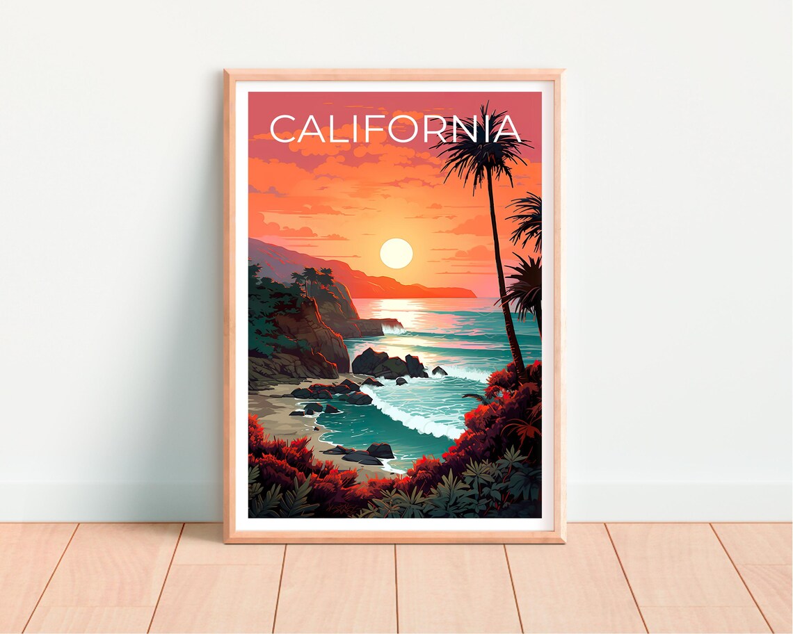 California Coast Blazing Sunset Palms Rocky Cove Travel Poster - Image 2