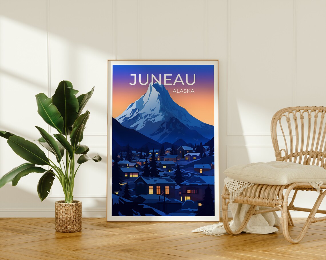 Juneau Alaska Snowy Mountain Peak Night Lights Travel Poster - Image 2