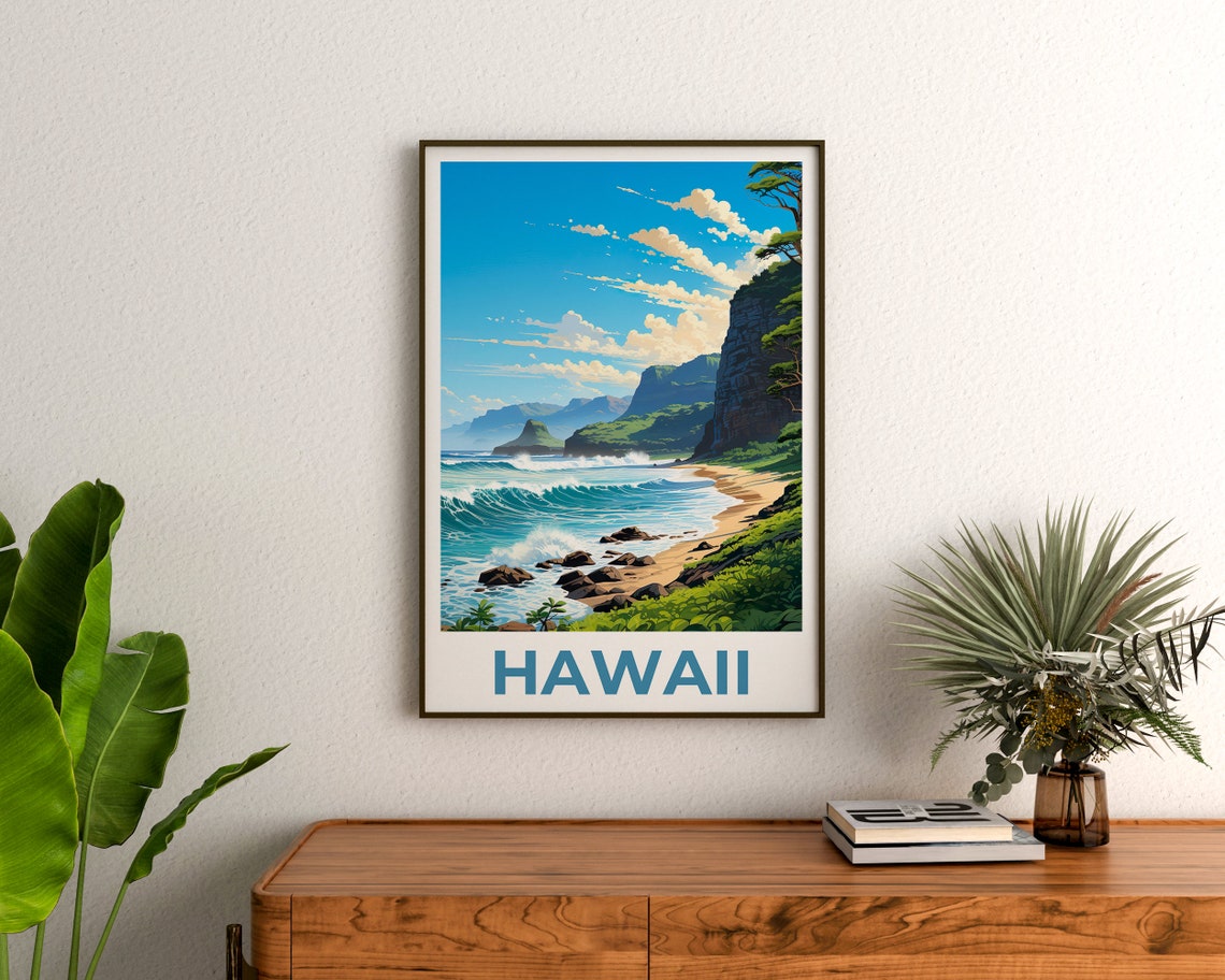 Hawaii Sunny Coast Day Beach Turquoise Waves Cliffs View Poster - Image 3
