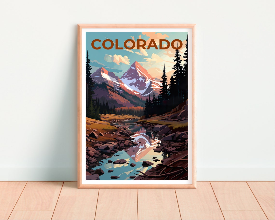 Colorado Rockies Snowy Peaks Mountain Stream Reflection Travel Poster - Image 4