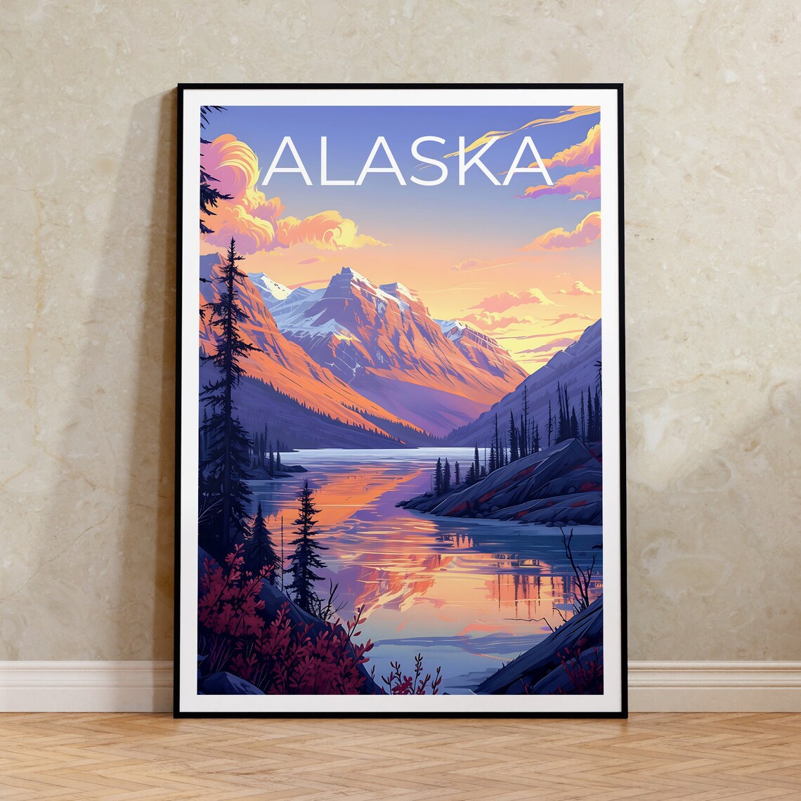 Alaska Travel Poster, Mountain Nature Art Print