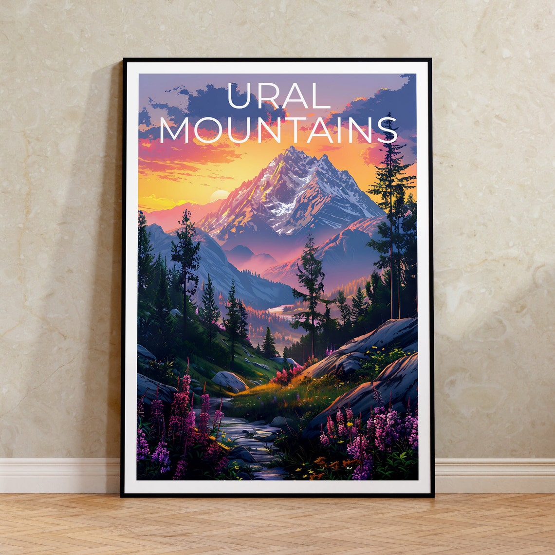 Ural Mountains Sunset Snow Peak Wildflower Meadow Stream View Poster
