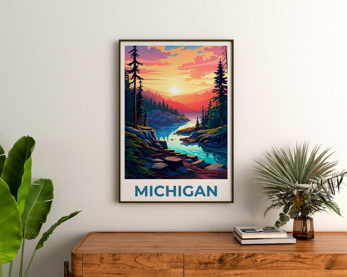 Michigan Lake Sunset Rocky Shore Pine Forest Northwoods Poster - Image 3