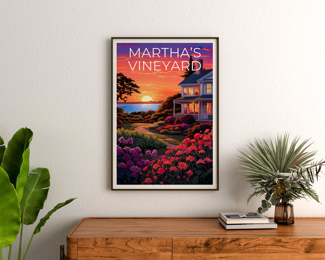 Martha's Vineyard Cottage Garden Sunset Waterfront Travel Poster - Image 3