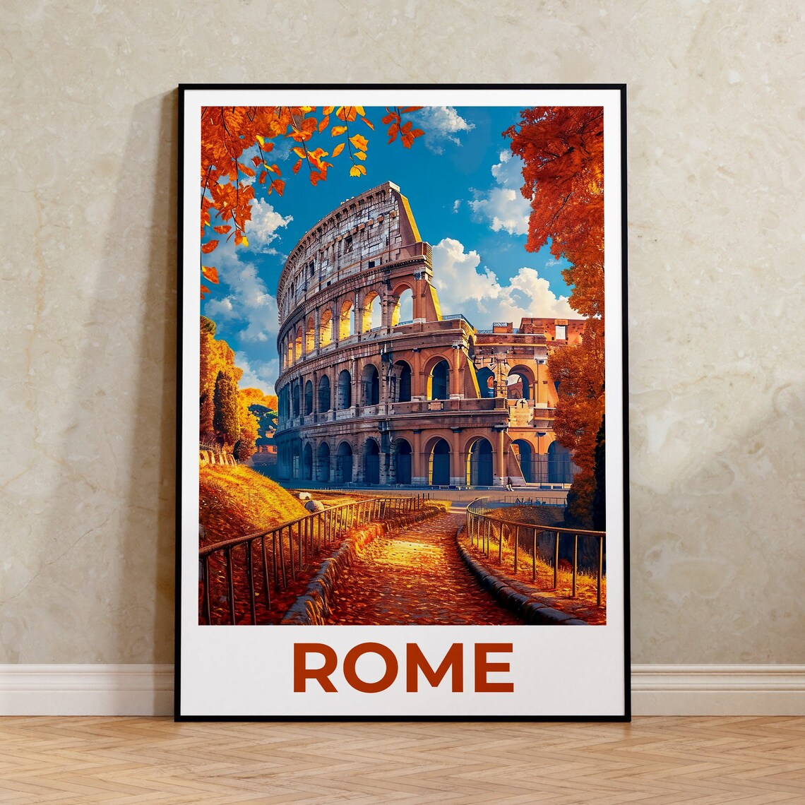 Rome Italy Colosseum Autumn Leaves Golden Path Landmark Travel Poster