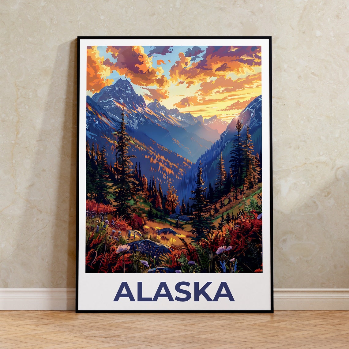 Alaska Mountain Valley Sunset Pines Wildflowers Rugged Travel Poster