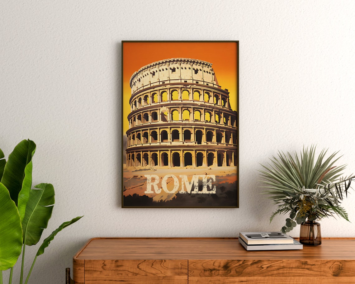 Rome Italy Colosseum Ancient Ruins Retro Orange Sky Travel Poster - Image 3
