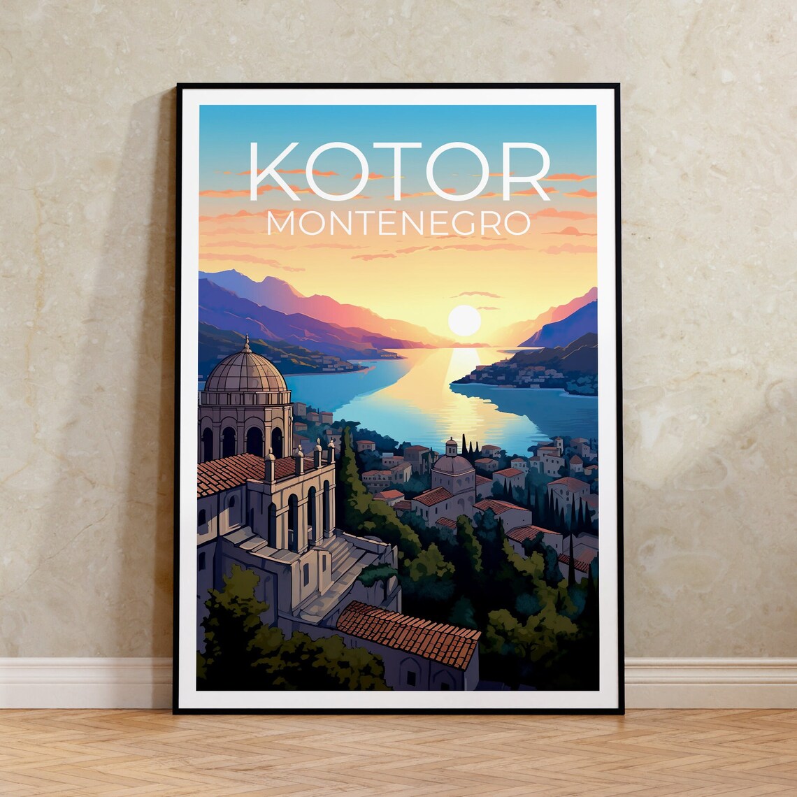 Kotor Montenegro Bay Sunset Old Town Dome Harbor View Travel Poster