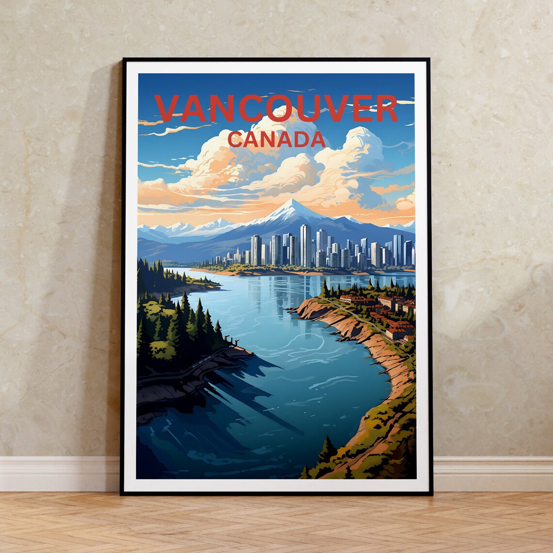 Vancouver Canada City Skyline Snowy Mountain Harbor View Travel Poster