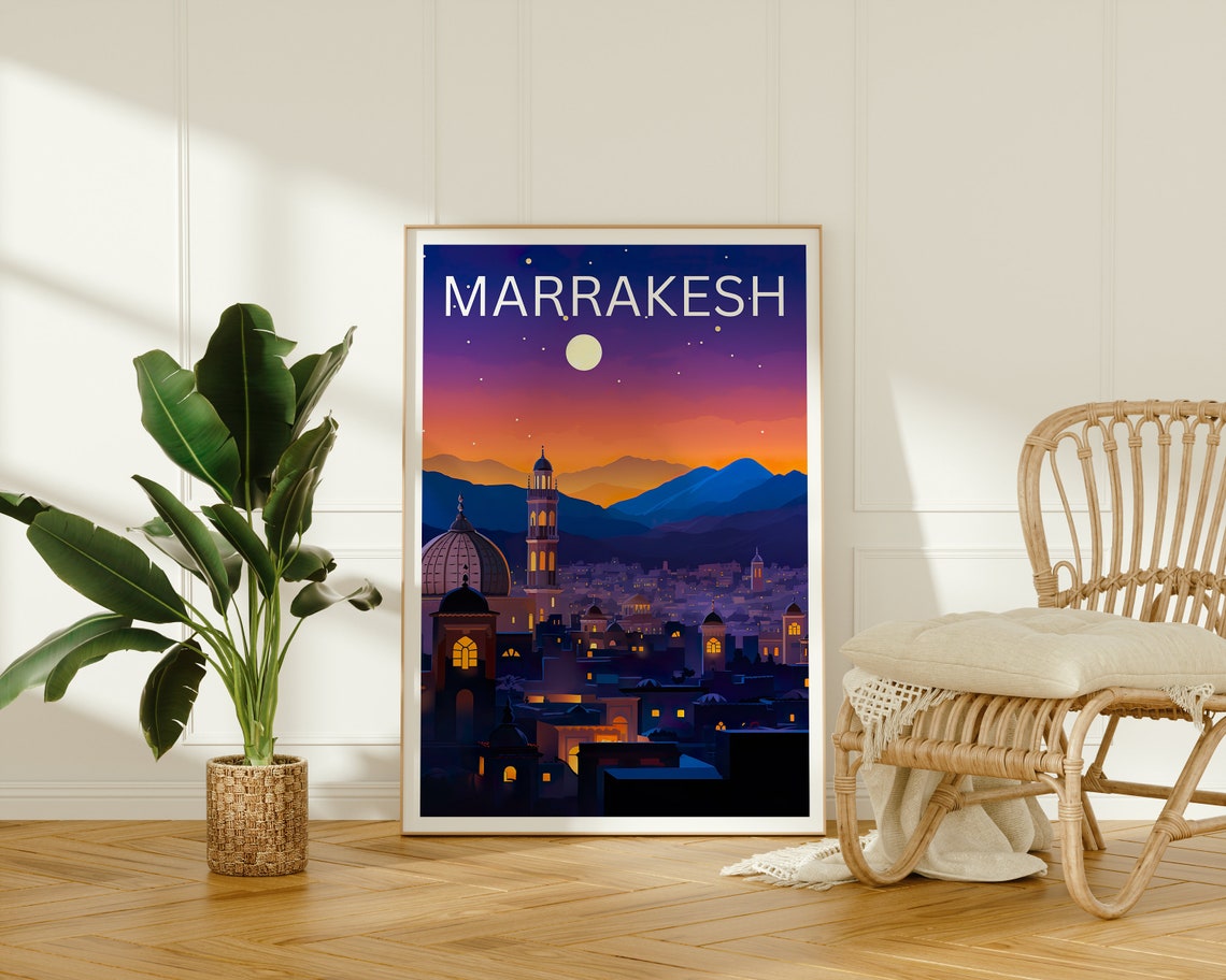 Marrakesh Morocco Old City Night Moon Atlas Mountains Poster - Image 2