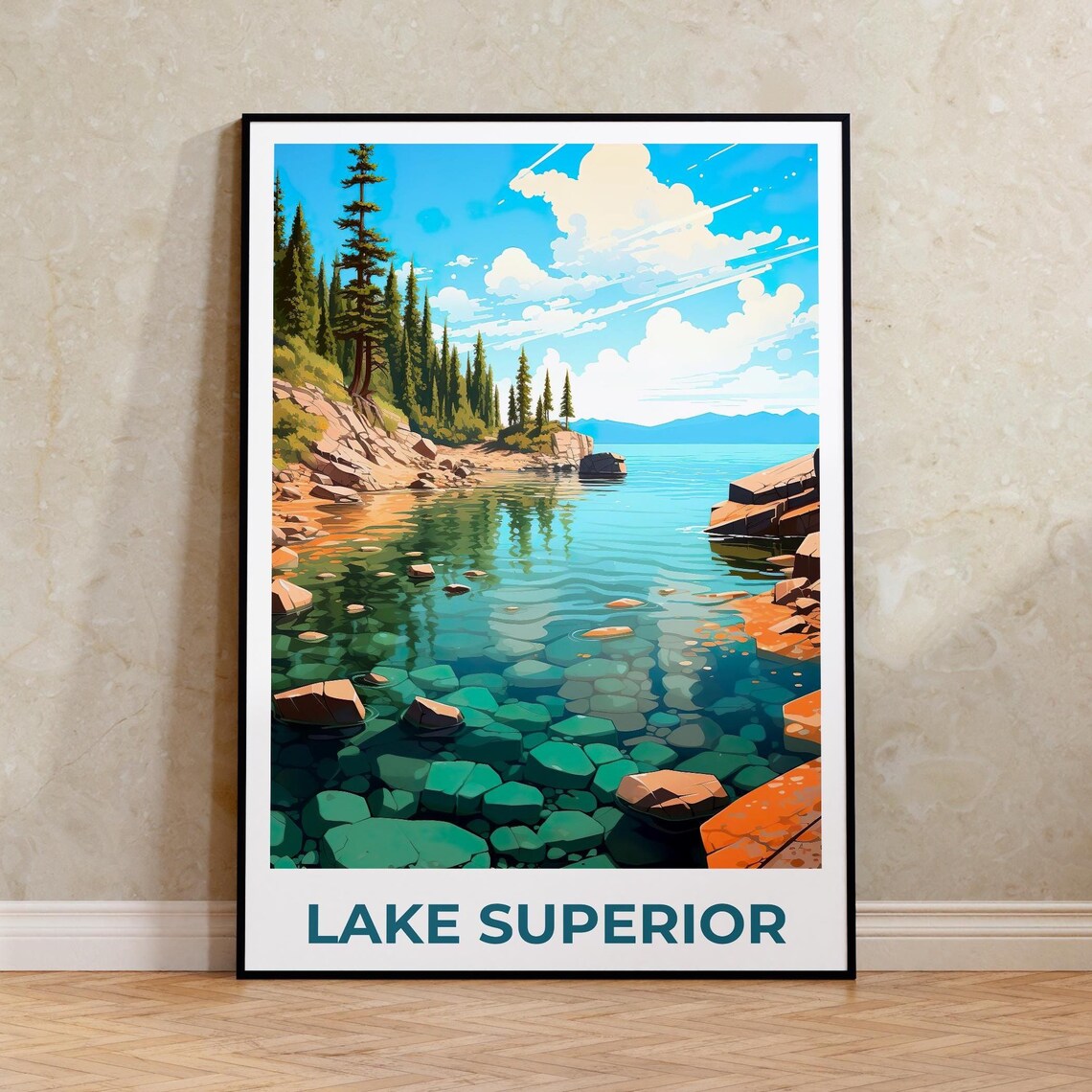 Lake Superior Turquoise Shoreline Pines Great Lakes Travel Poster