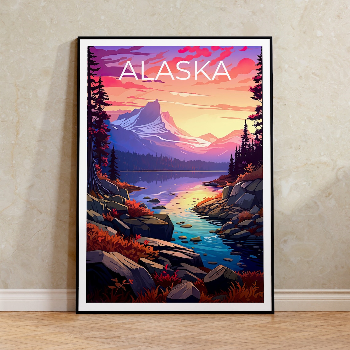Alaska Snowy Peak Sunrise Lake Pink Sky Rocky Shore View Travel Poster