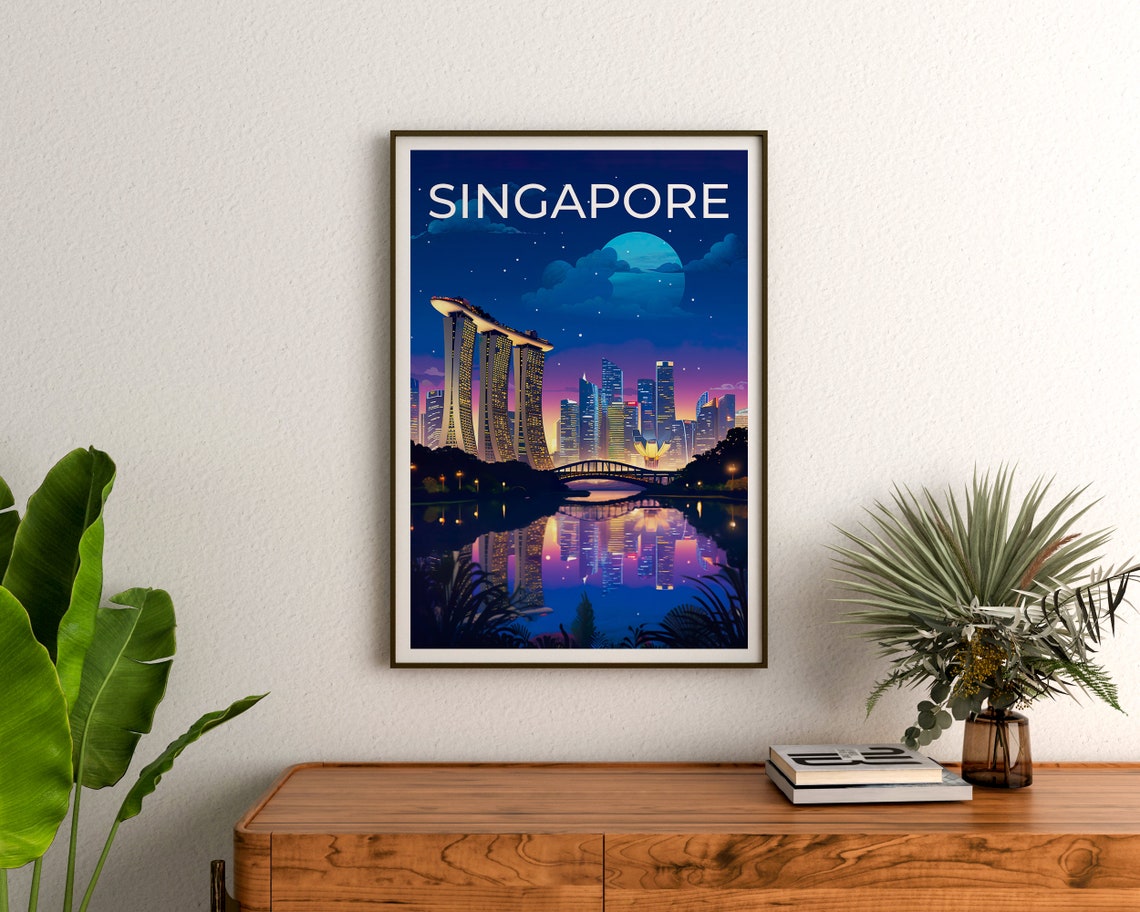 Singapore Marina Bay Sands Night Skyline Moonlit Bay View Poster - Image 3