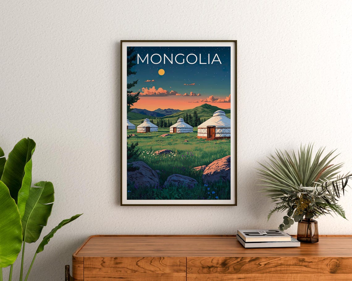 Mongolia Steppe White Yurts Gers Dusk Starry Night Sky Travel Poster - Image 3