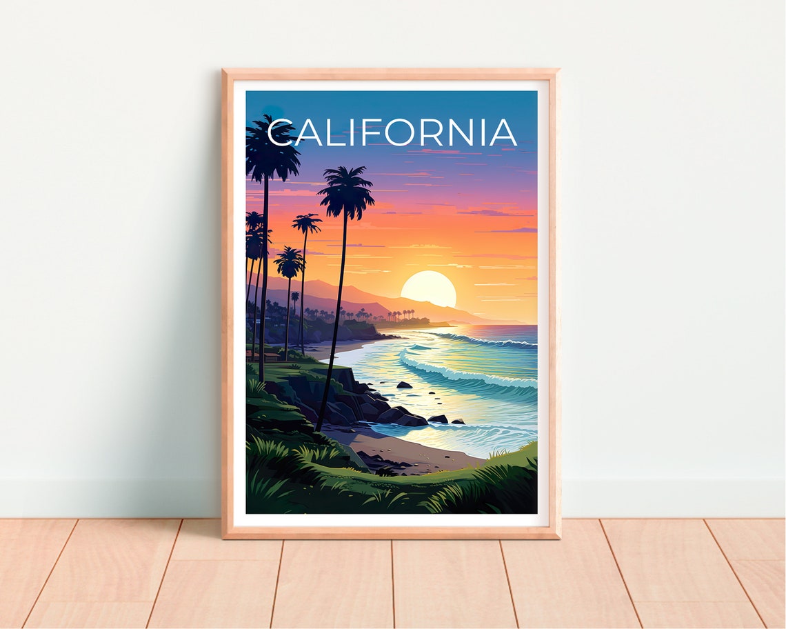 California Coast Beach Sunset Palm Trees Cliffs Ocean Waves Poster - Image 4
