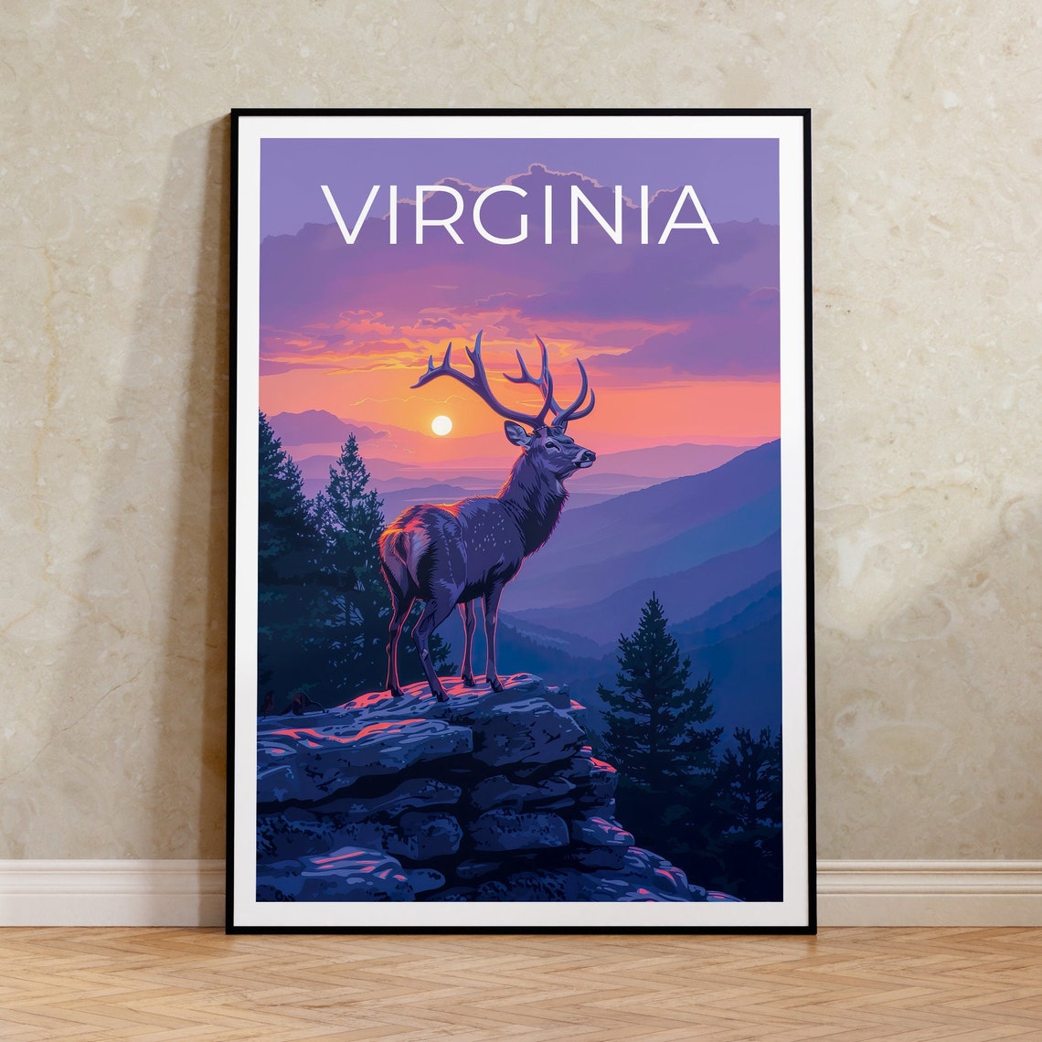 Virginia Deer Buck Sunset Blue Ridge Mountain Overlook Poster