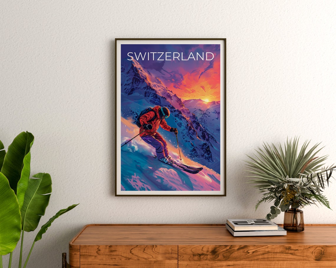 Switzerland Swiss Alps Skier Sunset Steep Powder Slope Poster - Image 3