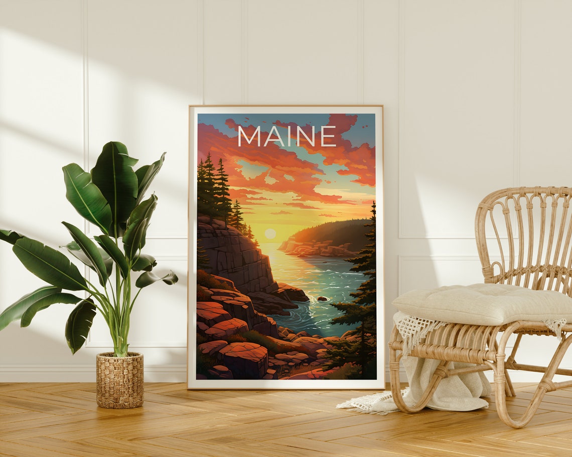 Maine Rocky Coast Sunset Pine Cliffs Ocean View Travel Poster - Image 2