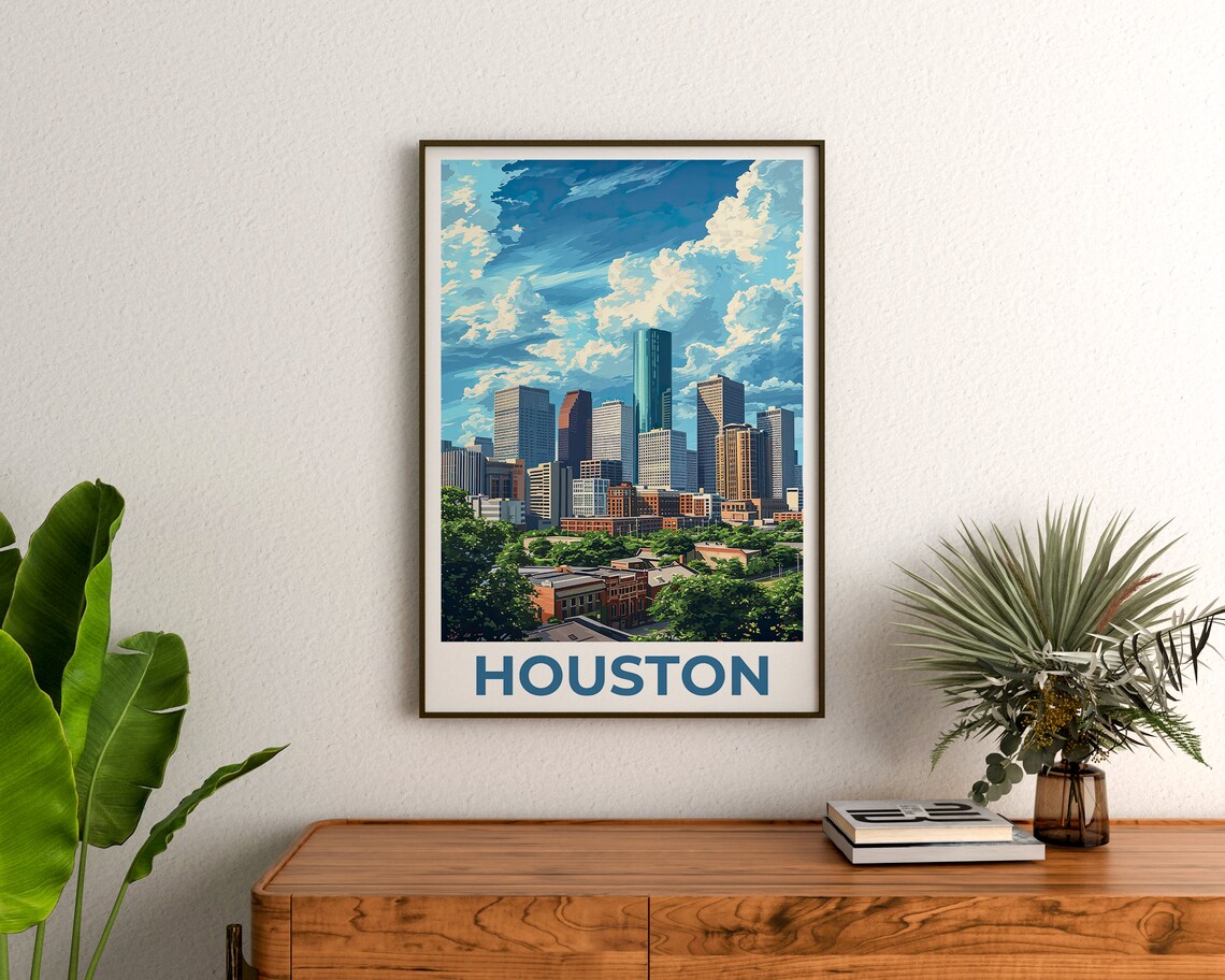 Houston Texas Downtown Skyline Daytime Clouds Urban View Travel Poster - Image 3