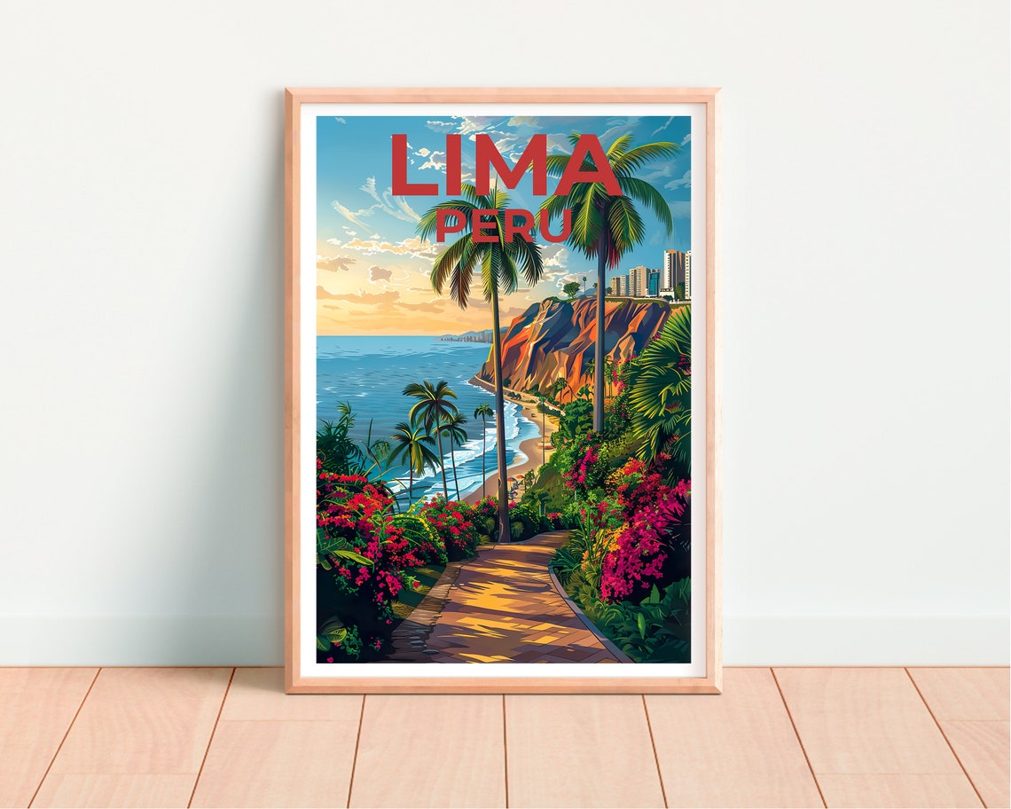 Lima Peru Miraflores Coastal Cliffs Beach Palm Trees Travel Poster - Image 4