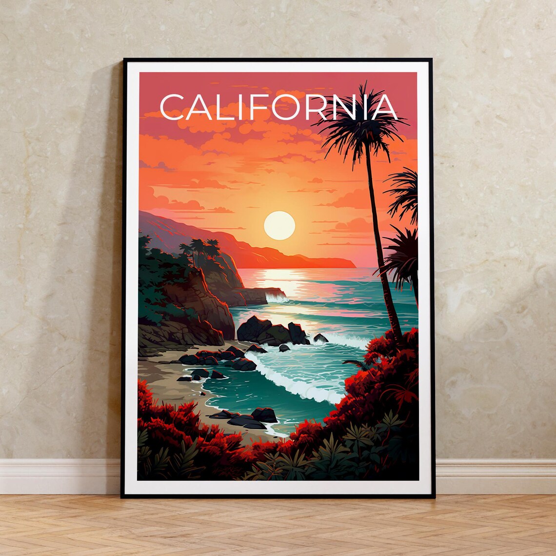 California Coast Blazing Sunset Palms Rocky Cove Travel Poster